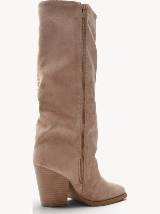 Beige Western Boots Suede Texture Metal Studs