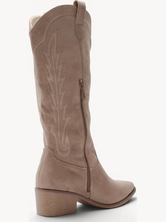 Beige Western Boots Suede Decorative Stitching
