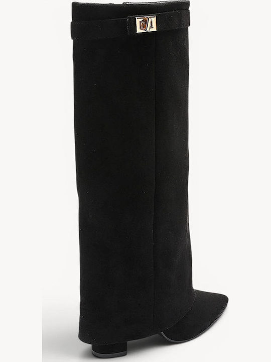 Black Pointed Suede Boots Decorative Buckle