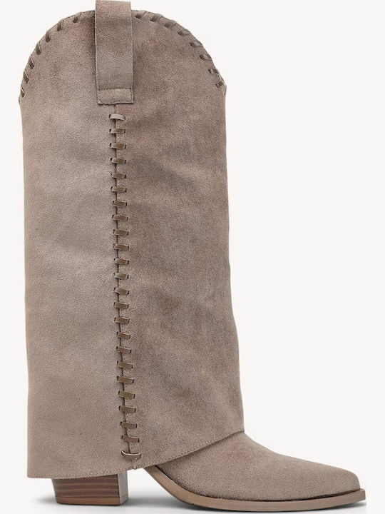 Beige Western Boots Decorative Stitching