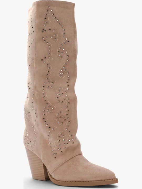 Beige Western Boots Suede Texture Metal Studs
