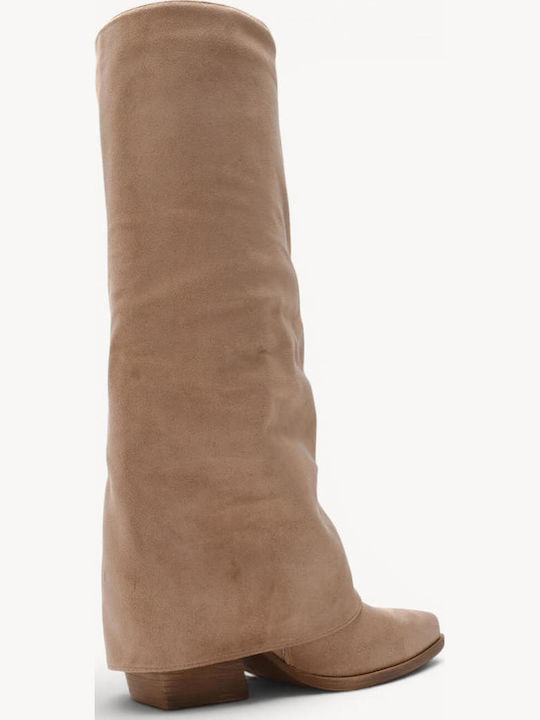 Beige Cowboy Boots Suede Fringes High Heel
