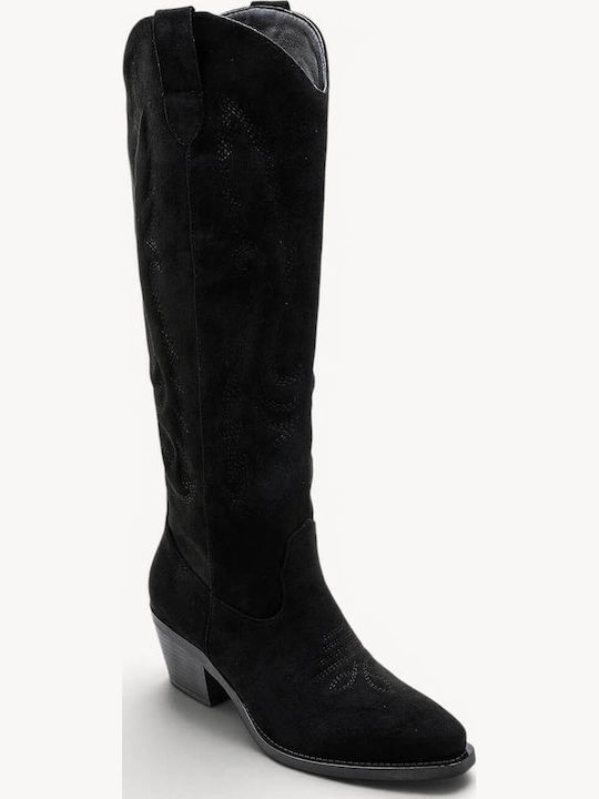 Black Western Suede Boots Decorative Stitching