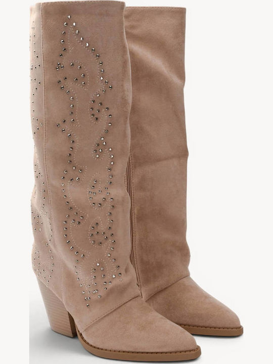 Beige Western Boots Suede Texture Metal Studs