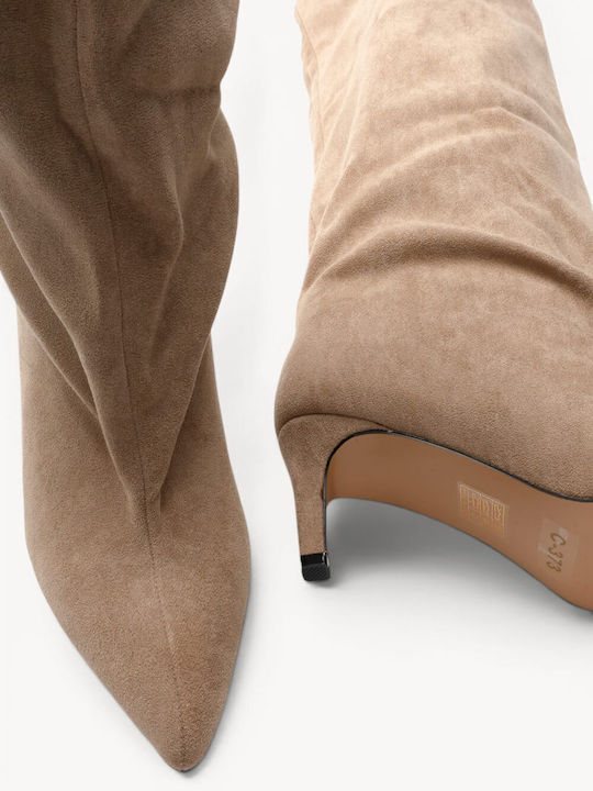 Beige Kitten Heel Boots Suede Pointed Toe