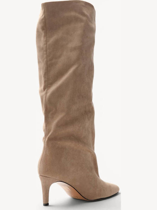 Beige Kitten Heel Boots Suede Pointed Toe