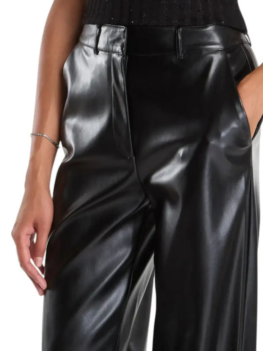 Guess Γυναικεία Ψηλόμεση Δερμάτινη Παντελόνα Straight Μαύρο