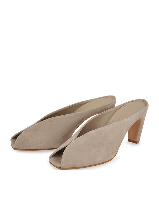 Suede Mules With High Heel In Beige Colour