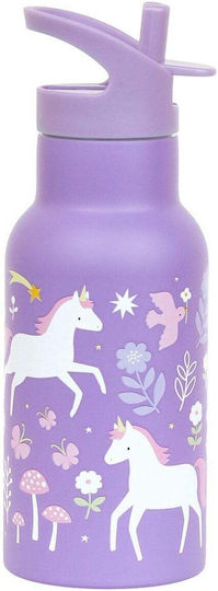 A Little Lovely Company Bento Stainless Steel Kids Water Bottle Unicorns Thermos with Straw Silver 350ml