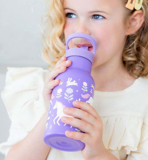 A Little Lovely Company Bento Stainless Steel Kids Water Bottle Unicorns Thermos with Straw Silver 350ml