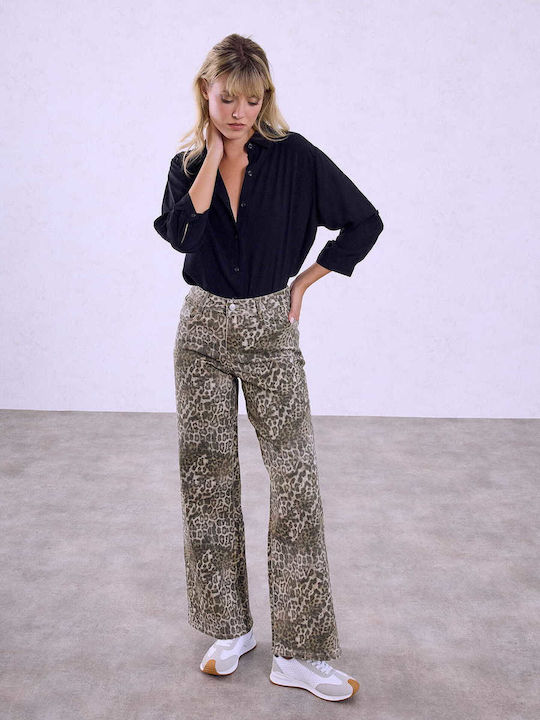 Celestino Γυναικείο Τζιν Wide-leg Λεοπάρ Loose Fit Καφέ