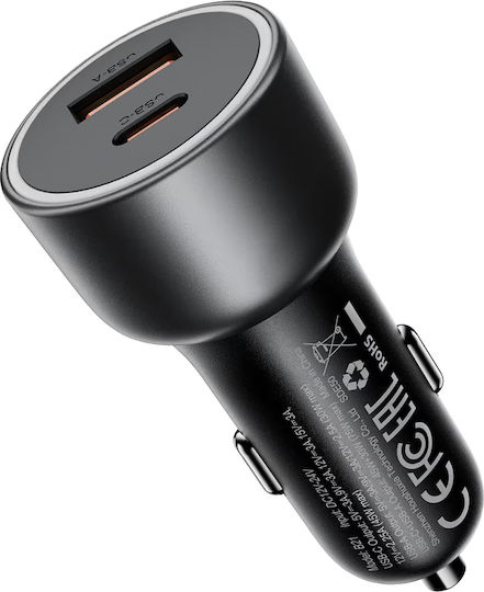 Acefast Автомобилен Зарядно Устройство 75W 3A Бързо Зареждане с Портове 1xUSB 1xType-C с Type-C Кабел Сив Цвят