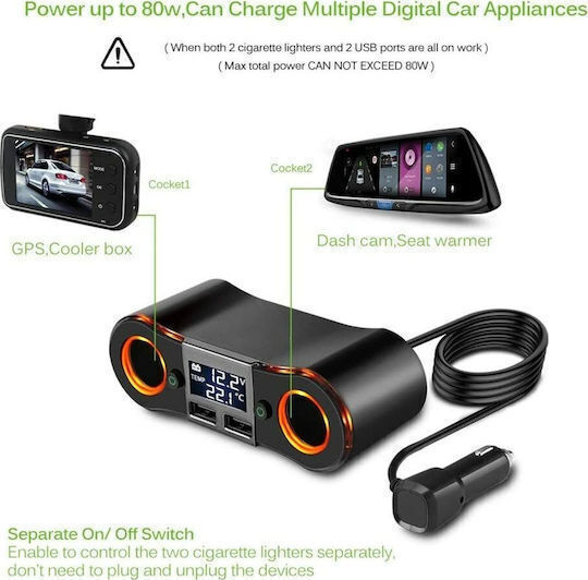 SPV Car Charger 80W 3.5A with 2xUSB-A 2xLighter Embedded Cable and Voltmeter Black Color
