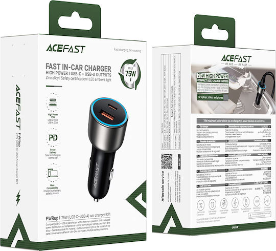 Acefast Автомобилен Зарядно Устройство 75W 3A Бързо Зареждане с Портове 1xUSB 1xType-C с Type-C Кабел Сив Цвят