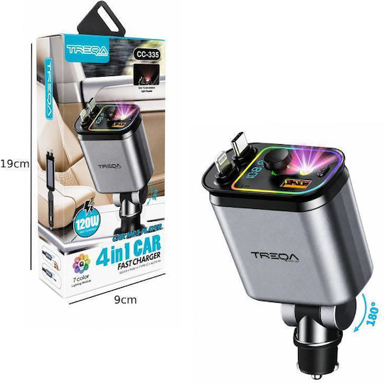 Treqa Handy-Autoladegerät 120W Schnellladen mit Anschlüssen: 1xUSB 1xType-C zusammen mit Kabel Lightning / Type-C und FM-Sender / Voltmeter Mehrfarbig
