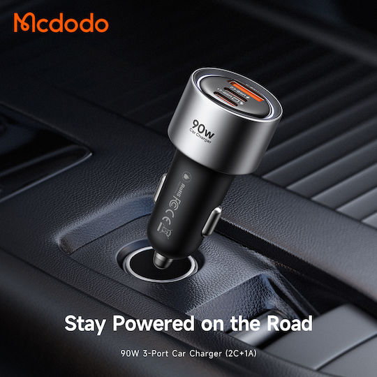 Mcdodo Car Charger 90W 3A with Ports 1xUSB 2xType-C with Type-C Cable Black Colour