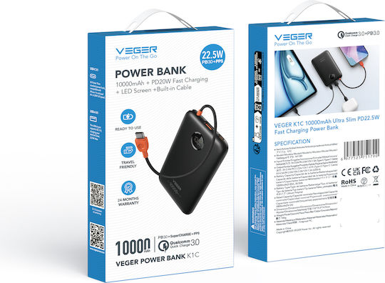 Veger K1C Power Bank 10000mAh 22.5W with USB-A and USB-C Power Delivery Quick Charge Black