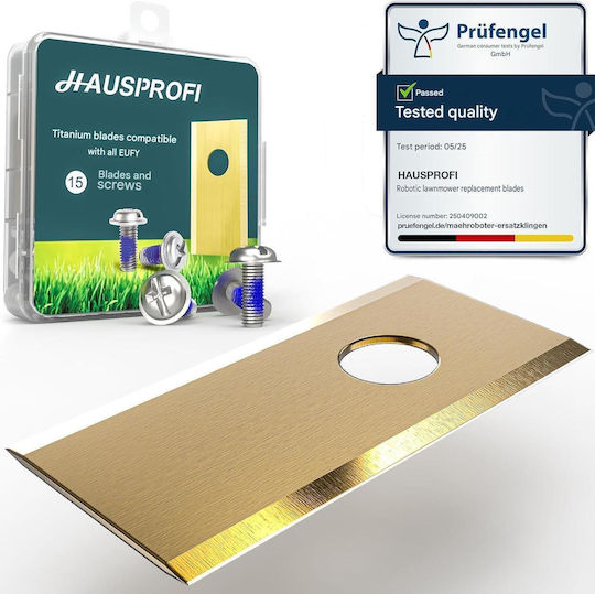 Set 15 Piese Lame De Înlocuire Hausprofi Pentru Robot Tuns Iarbă Eufy E15 E18 Ultra-Rezistente Din Titan 1 Mm Oțel Inoxidabil Durată De Viață Extinsă Până La 60% Testate Din En 50636-2-107 15 Șuruburi De Siguranță Cutie De Depozitare