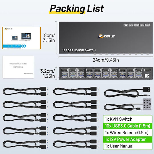 10 Stück Zu 1 Monitor 10 KVM & Datenumschalter mit HDMI / USB / USB 3.0 / Audio / USB 2.0