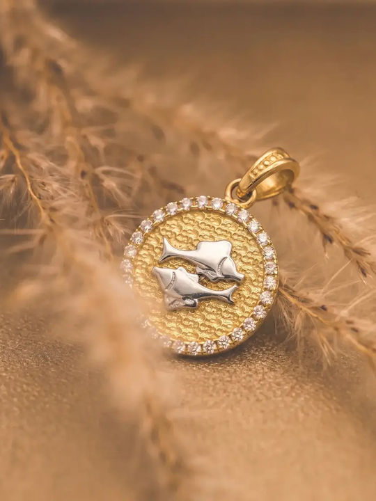 Hängendes Charm Tierkreiszeichen Fische aus Weißgold 9K mit Zirkon
