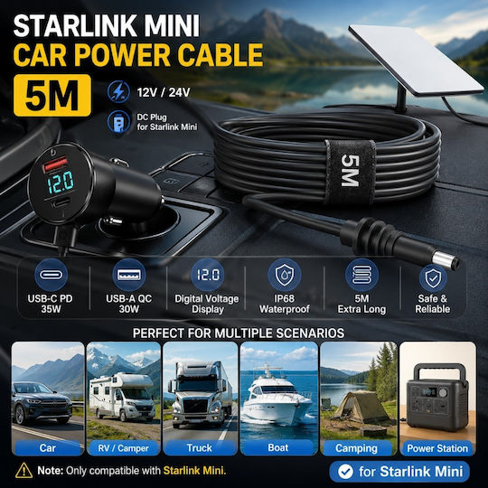 Starlink Mini Car Cigarette Lighter Power Adapter 5m 12v/24v Dc Usb-c Pd 35w Usb-a 30w Digital Voltage Display Cable 2m 12-8710