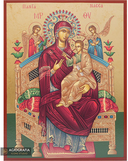 Holy Mary Pantanassa Image Of Aged Gilded Print Wooden 13 X 19 Cm 5.1 X 7.5 In