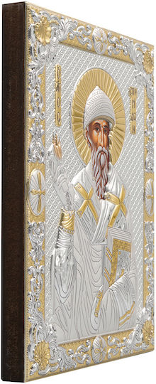 Saint Spyridon Silver-Plated Silk Screen Image Wood 13.5 X 17.5 Cm 5.3 X 6.9 In