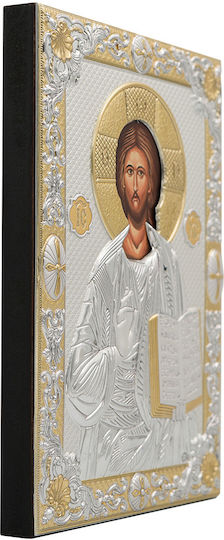 Jesus Christus Segnend Metallik Ikone Mit Seidenprint Holz 15,5 X 21,5 Cm 6,1 X 8,4 In
