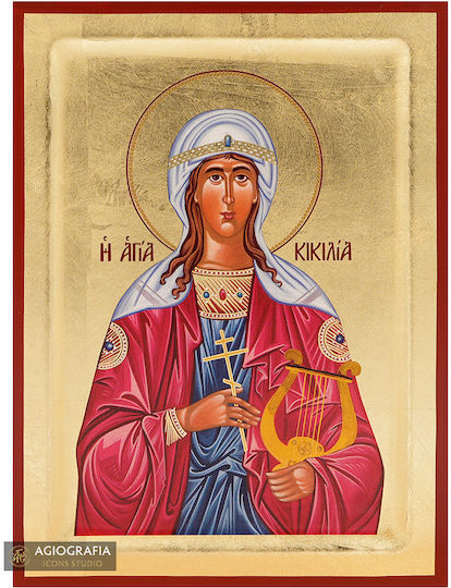 Saint Cecilia Traditional Silk Screen Icon Handmade Wood Background 18k Gold Leaf 18 X 25 Cm 7.1 X 9.8 In