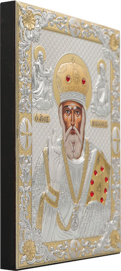 St Nicholas Silver Plated Silk Screen Icon Wood 20 X 28 Cm 7.9 X 11.0 In