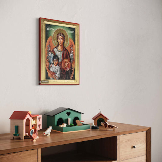 Guardian Angel Icon Traditional Silk Screen Printing Wood Handmade Background 18k Gold Leaf 25 X 33 Cm 9.8 X 13.0 In