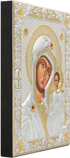 Our Lady of Kazan Silver-Plated Silk-Screen Icon Wood 15.5 X 21.5 Cm 6.1 X 8.4 In