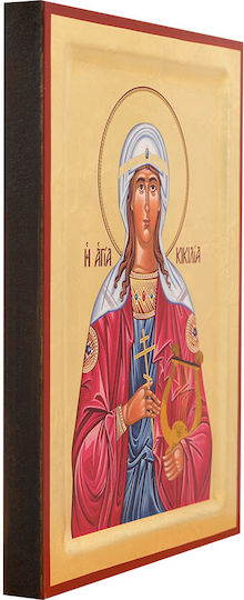 Saint Cecilia Icon Traditional Silk Screen Printing Wood Handmade Background 18k Gold Leaf 14 X 18 Cm 5.5 X 7.1 In