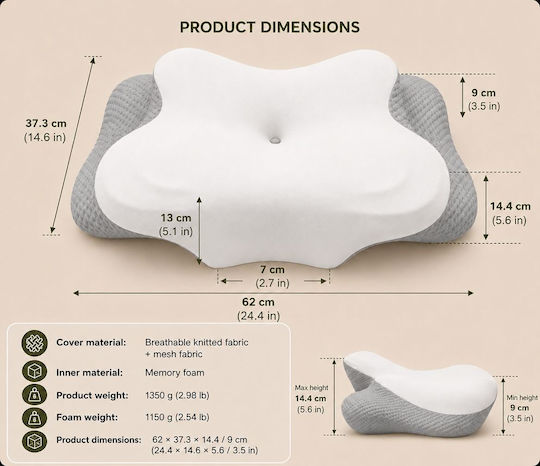 Pernă medicală pentru gât Memory Foam 62x37x9cm Gri