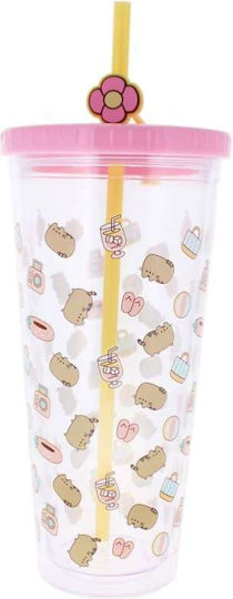 Thumbs Up Pusheen Ποτήρι Νερού / Καφέ/Freddo από Γυαλί με Καλαμάκι 700ml