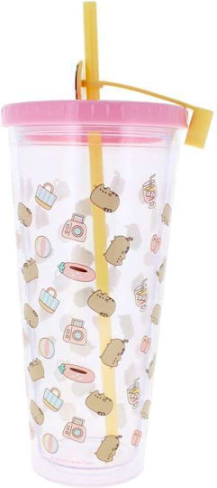 Thumbs Up Pusheen Ποτήρι Νερού / Καφέ/Freddo από Γυαλί με Καλαμάκι 700ml