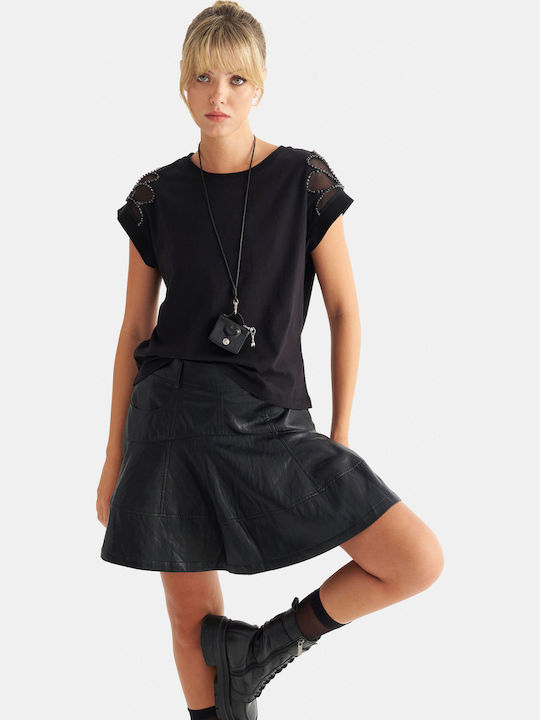 attrattivo Women's Summer Cotton Short Sleeve Black Blouse