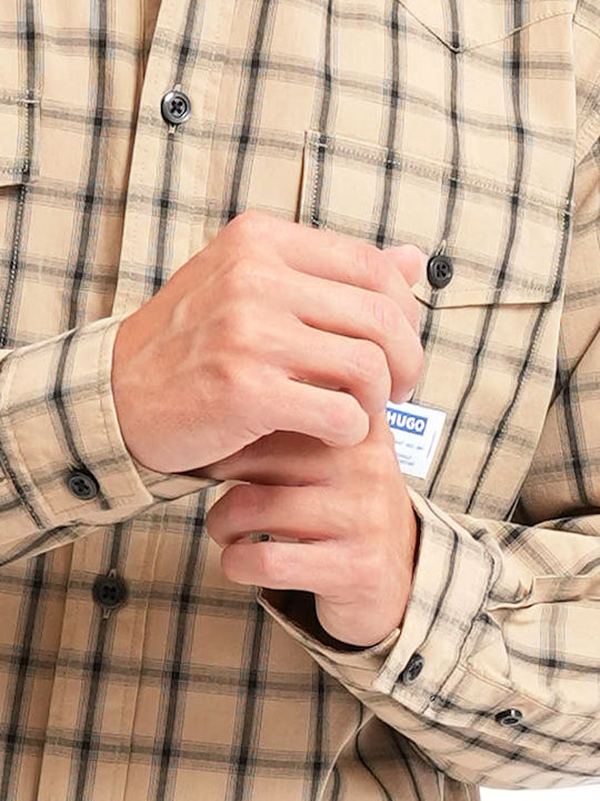 Long Sleeve Cotton Overshirt In Regular Fit Checked Black-Beige