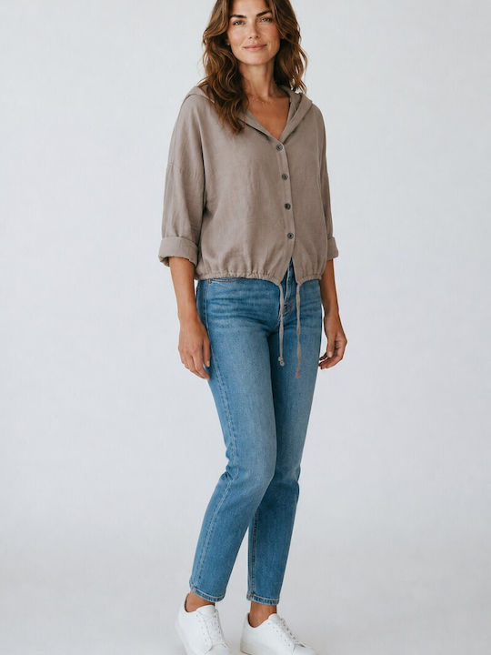Kurze Damen-Strickjacke mit Knöpfen Baumwoll 7042 hellbraun