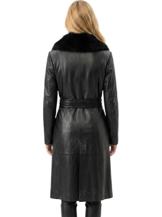 Leder Damenmäntel Schwarz Damenmäntel mit Fell Details