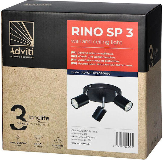Adviti Triplu Spot cu Soclu GU10 în Culoare Negru
