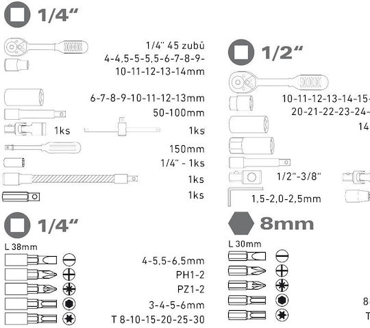 Set Chei Tubulare Bit Extol 4 32 Mm 1/4" 1/2" Cr-v 94 Bucăți