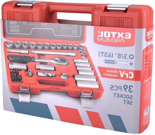 Set Profesional Extol Premium 39 Piese Chei Tubulare Biți 3/8" Șurubelniță cu Clichet