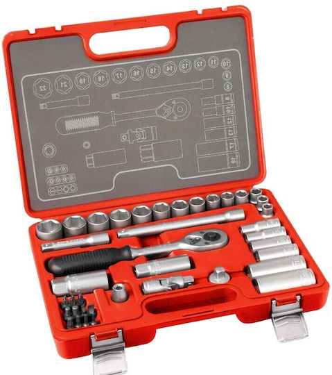 Set Profesional Extol Premium 39 Piese Chei Tubulare Biți 3/8" Șurubelniță cu Clichet