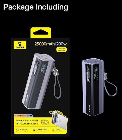 Baseus EnerGeek GR11 Baterie Externă 25000mAh 200W cu Port USB-A și Port USB-C Încărcare Rapidă Gri