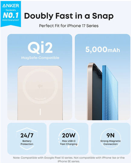 Anker Nano MagSafe Qi2 Baterie externă 5000mAh 15W Slim Aurie