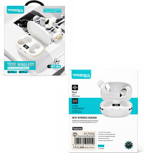 Treqa BT-84 In-Ear Bluetooth Handsfree Headphones with Charging Case White