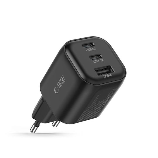 Tech-Protect GaN Charger Without Cable with USB-A Port and 2 USB-C Ports 100W Power Delivery / Quick Charge 3.0 Black (NCA100W)