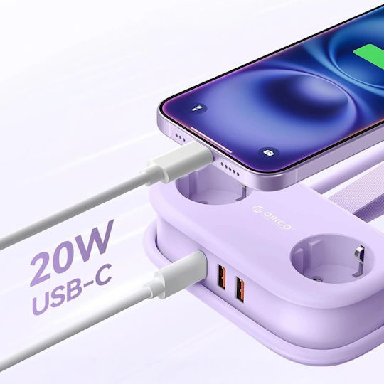 Orico GaN Charging Station With 2 USB-A Output Ports And USB-C Output Port And USB-C Cable 20W Power Delivery In Purple Colour AP3