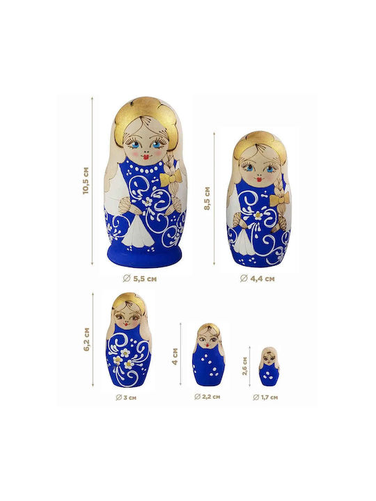 Set Of 5 Blue Matryoshka Dolls Pyrography 10.5 Cm Azhna Ms0502bw-05